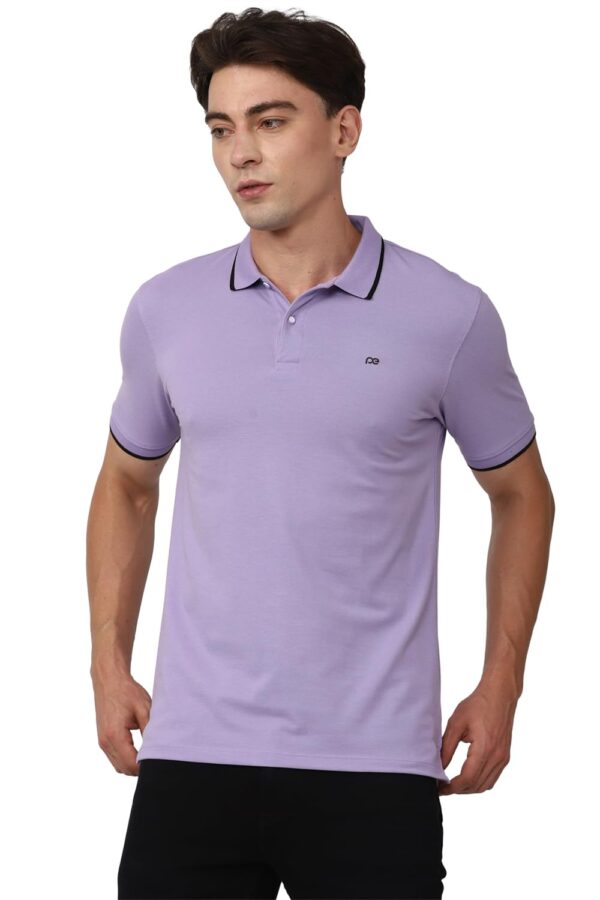 Peter England Men's Snug Fit Solid Polo T-Shirt with Coloured Collar Tipping| Cotton Rich| Premium Pique Weave Lilac