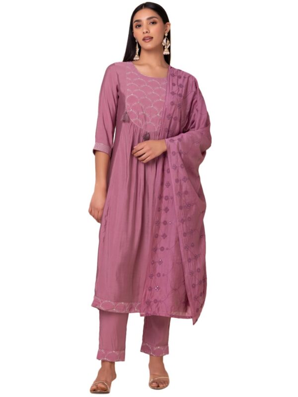 Indya Women's Modal Chanderi Embroidered Kurta Sets (ICD00102A_Purple_S)