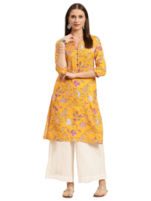 rangita Yellow Cotton Knee Length Printed Straight Kurti for Women | Kurta for Women_XL