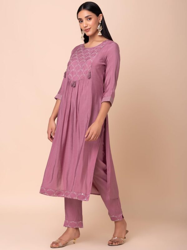 Indya Women's Modal Chanderi Embroidered Kurta Sets (ICD00102A_Purple_S) - Image 3