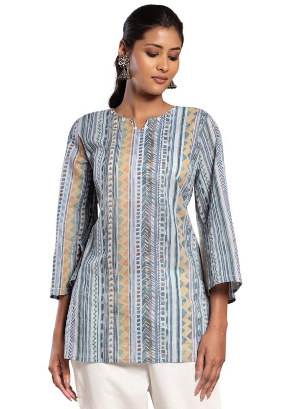 Indya Women's Striped Regular Blue Stripe Print Cotton Short Kurta (RTN00049