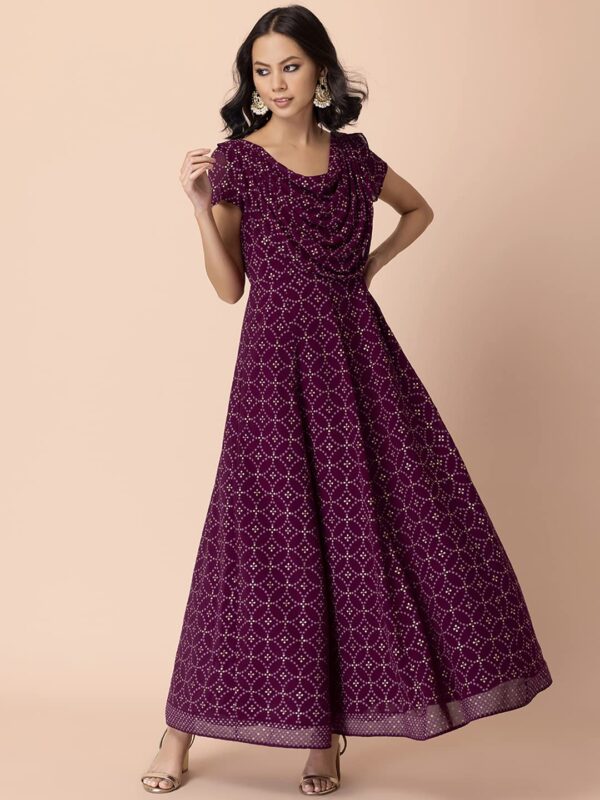 Indya Wine Bandhani Printed Cowl Neck Kurta - Image 2