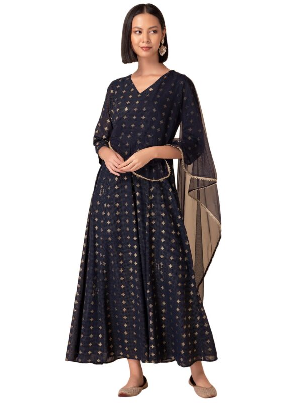 Indya Women's Georgette Foil Print Relaxed Kurta (ITN05313_Blue_S)