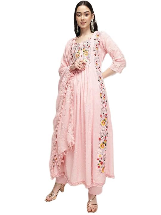 ishin Floral Embroidered Round Neck Pure Cotton A-LiFloral Embroidered Kurta Set – Pure Cotton A-Line Kurta with Round Neck, Trousers & Dupattane Kurta With Trousers & Dupatta (INWSDAW24931_PN_S)