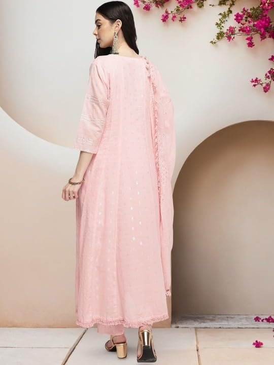 ishin Floral Embroidered Round Neck Pure Cotton A-LiFloral Embroidered Kurta Set – Pure Cotton A-Line Kurta with Round Neck, Trousers & Dupattane Kurta With Trousers & Dupatta (INWSDAW24931_PN_S) - Image 5