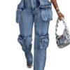 Stretch Denim Cargo Jeans for Women – Straight Leg Y2K Pants with Side Zipper and Pockets