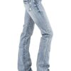 Women’s Embroidered Bootcut Jeans – Washed Denim Pants, Light Blue