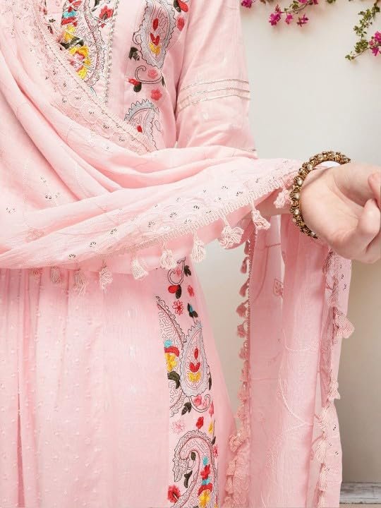 ishin Floral Embroidered Round Neck Pure Cotton A-LiFloral Embroidered Kurta Set – Pure Cotton A-Line Kurta with Round Neck, Trousers & Dupattane Kurta With Trousers & Dupatta (INWSDAW24931_PN_S) - Image 2