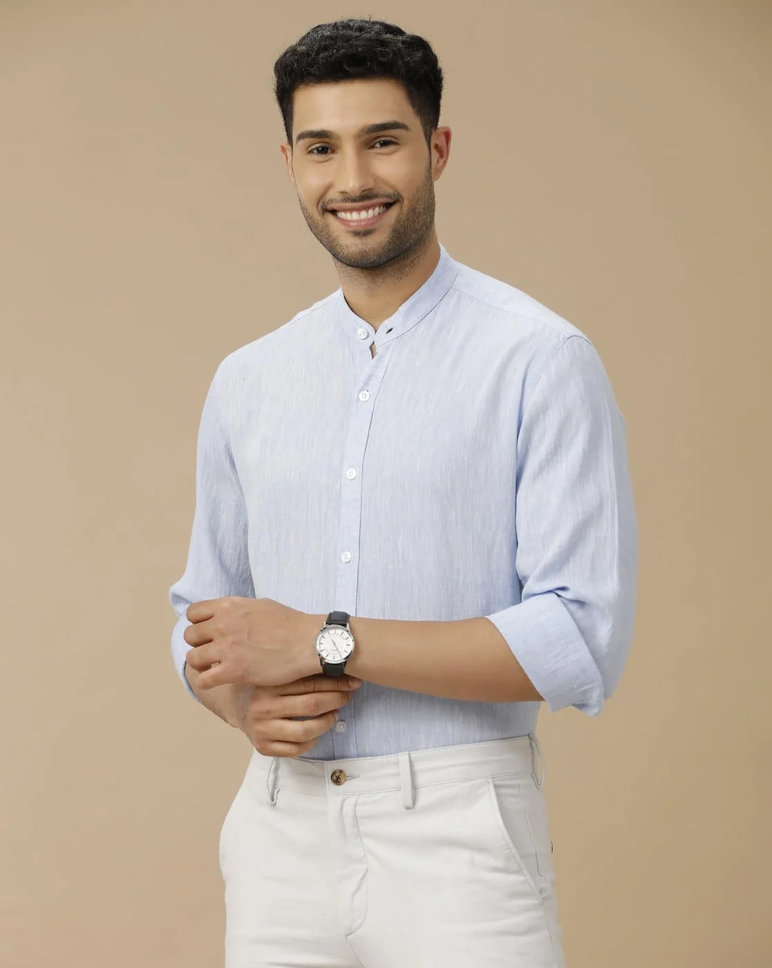 Linen Club Men’s Contemporary Fit Pure Linen Shirt – Solid Blue, Full Sleeves - Image 9