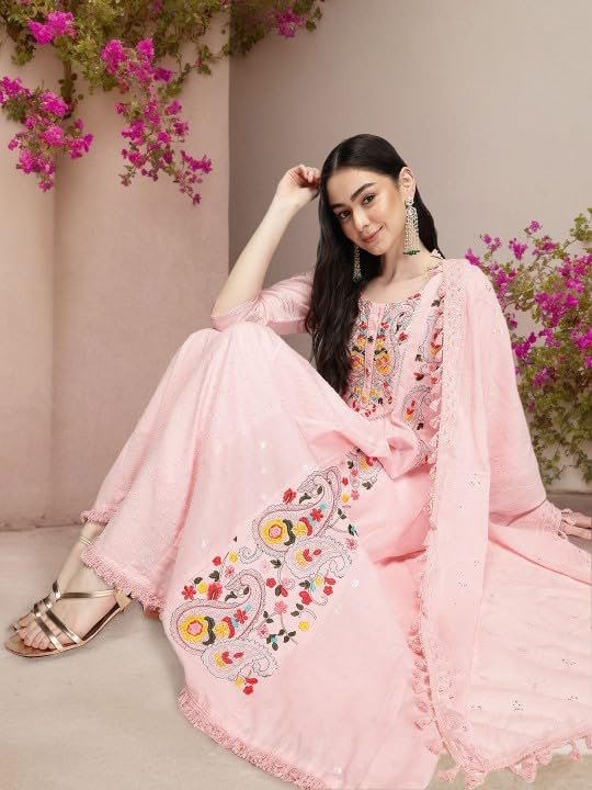 ishin Floral Embroidered Round Neck Pure Cotton A-LiFloral Embroidered Kurta Set – Pure Cotton A-Line Kurta with Round Neck, Trousers & Dupattane Kurta With Trousers & Dupatta (INWSDAW24931_PN_S) - Image 4