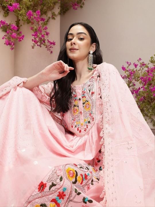 ishin Floral Embroidered Round Neck Pure Cotton A-LiFloral Embroidered Kurta Set – Pure Cotton A-Line Kurta with Round Neck, Trousers & Dupattane Kurta With Trousers & Dupatta (INWSDAW24931_PN_S) - Image 3