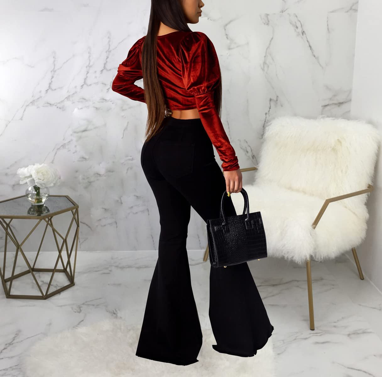 Bell Bottom Jeans for Women Ripped High Waisted Classic Flared Pants Black - Image 2