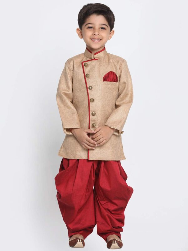 JBN Creation Boys' Biscuit and Maroon Cotton Blend Sherwani and Dhoti Pant Set_JBNBCIW124nCDMA_20 - Image 7