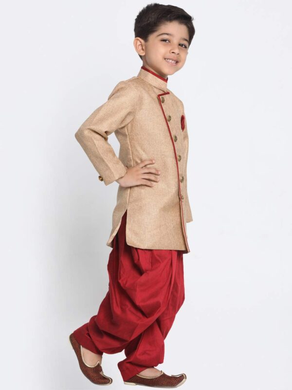 JBN Creation Boys' Biscuit and Maroon Cotton Blend Sherwani and Dhoti Pant Set_JBNBCIW124nCDMA_20 - Image 6