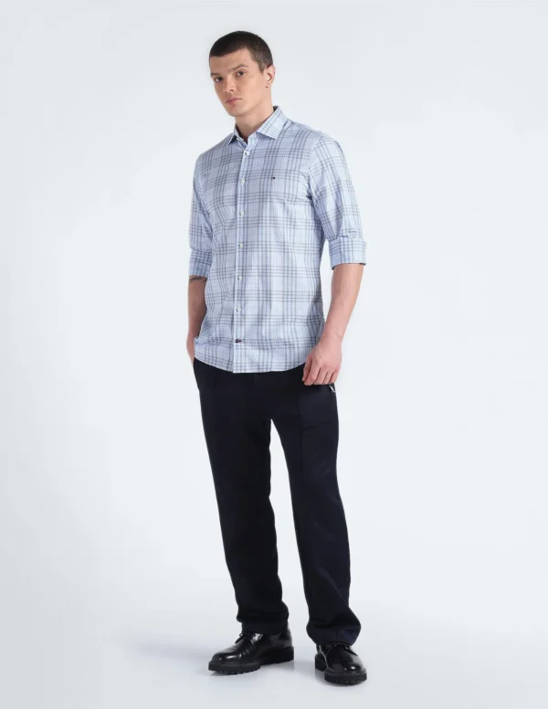 Tommy Hilfiger Blue Cotton Checks Spread Collar Full Sleeve Slim Fit Men Shirt (F23HMWT063) Size-38 - Image 7