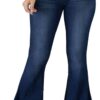 Women’s Classic Bell Bottom Flared Jeans – High-Waisted Ripped Denim Pants, Blue
