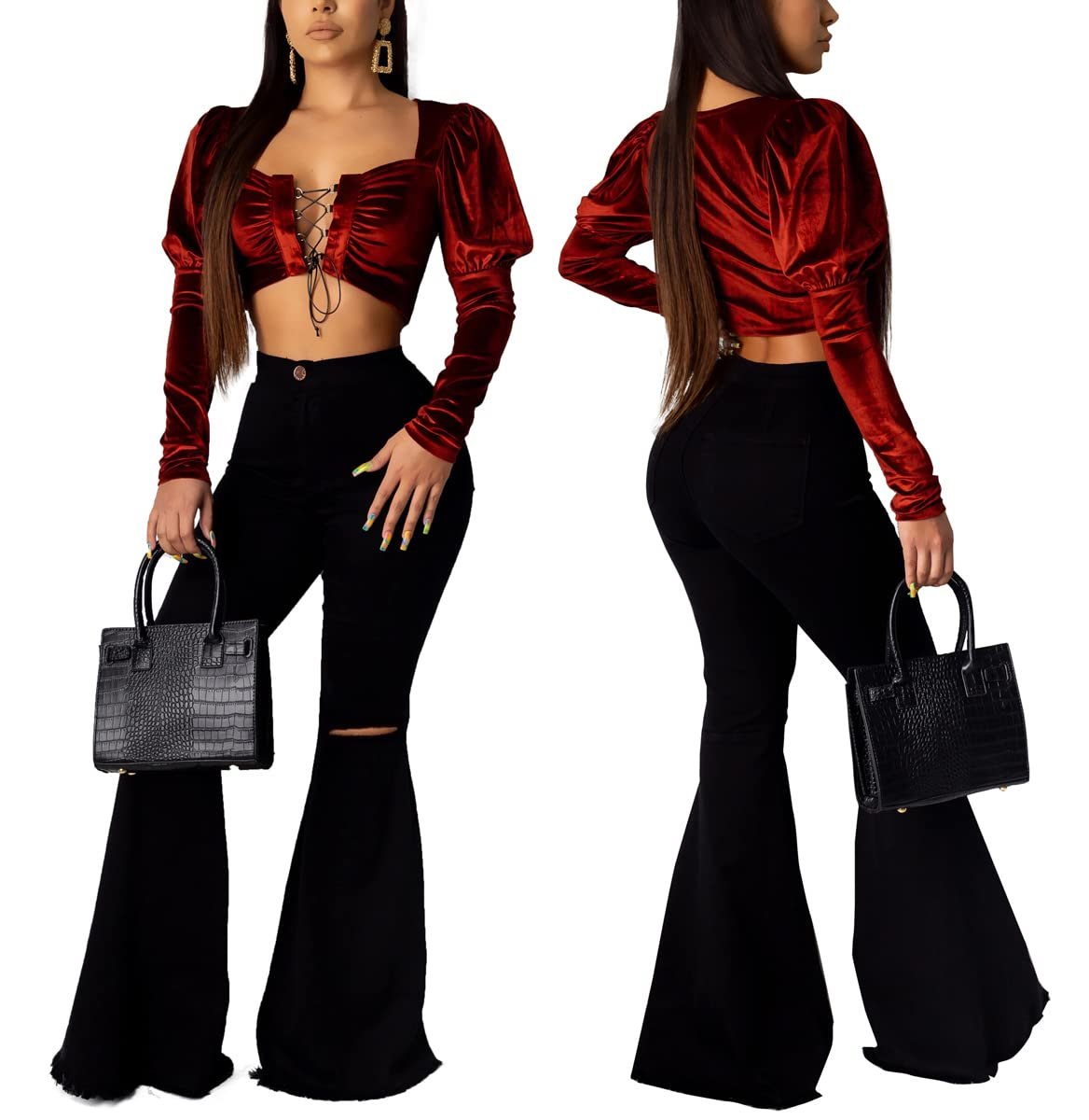 Bell Bottom Jeans for Women Ripped High Waisted Classic Flared Pants Black - Image 5