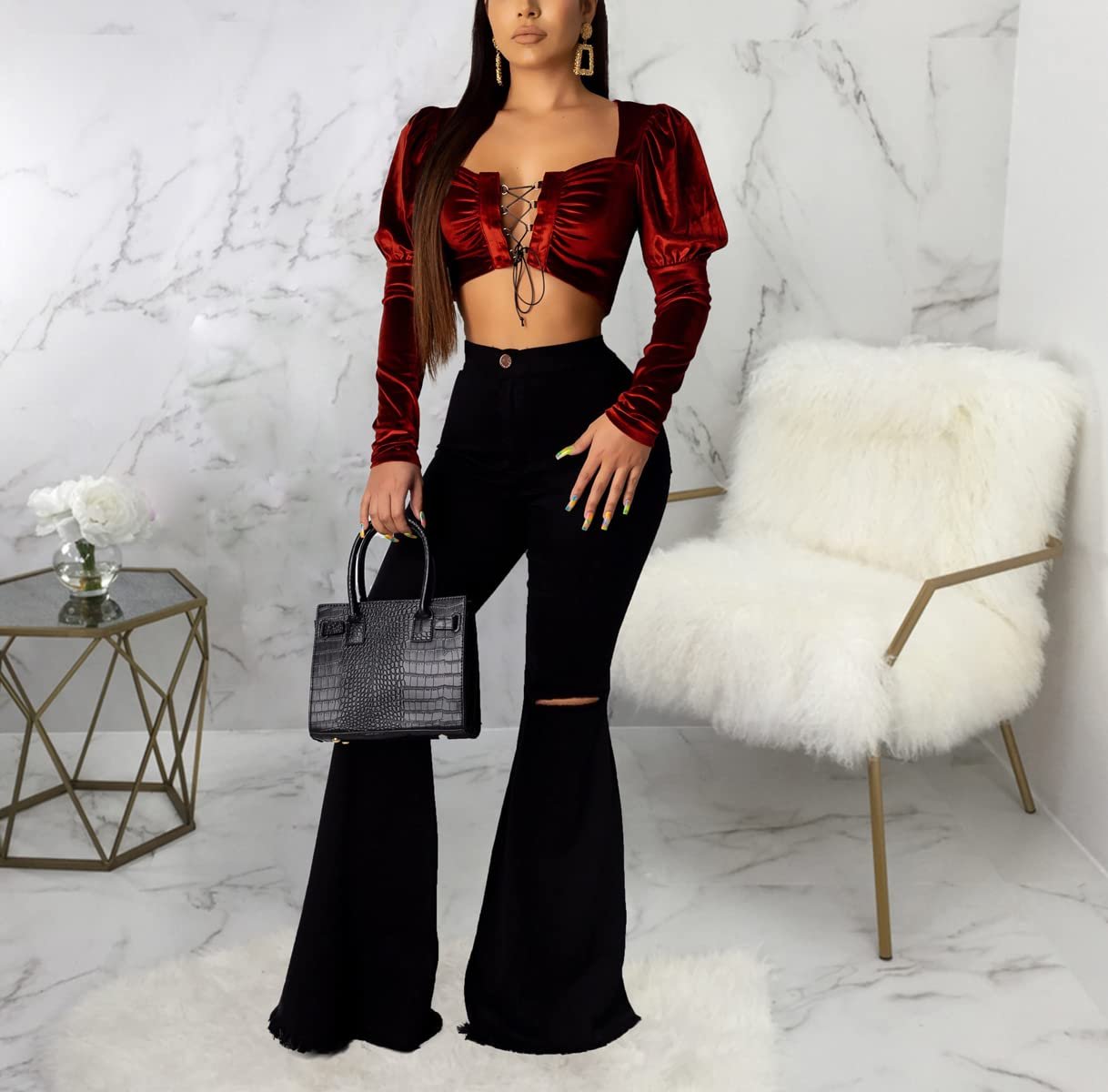 Bell Bottom Jeans for Women Ripped High Waisted Classic Flared Pants Black - Image 3