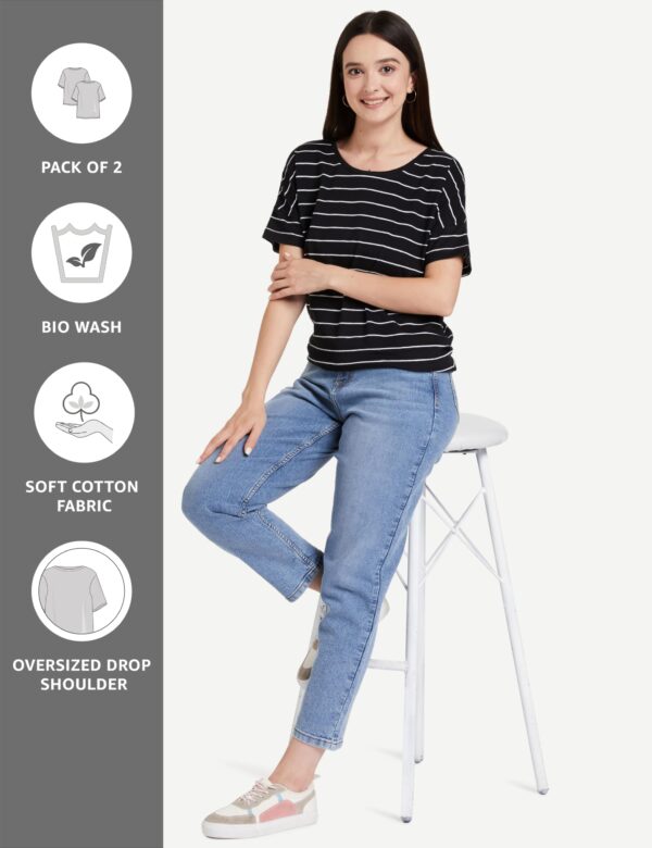 Symbol Women's Striped Loose Fit Half Sleeve Cotton T-Shirt (SYMAW19TS036B_White + Navy_Small) (Combo Pack of 2) - Image 8