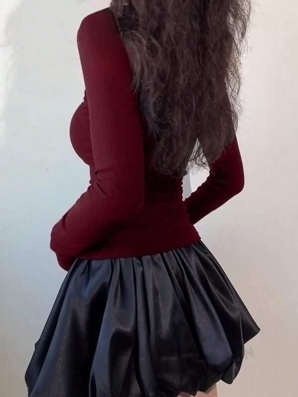 TIVANTE Solid Square Neck Lace Full Sleeve Regular Fit Casual Ribbed Tops for Women (in, Alpha, S, Maroon) - Image 5