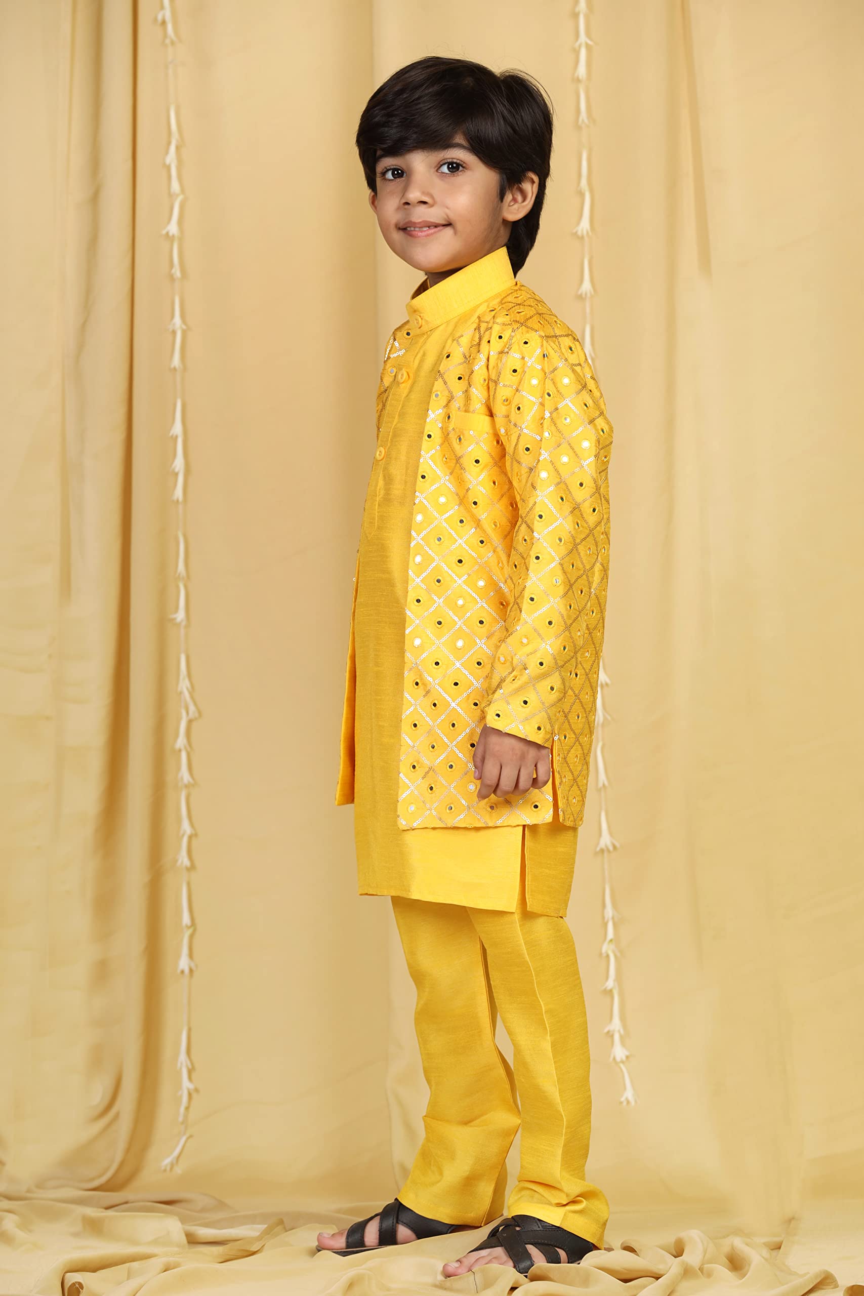 Boys' Embroidered Mukaish Sherwani – Indo-Western Style, Mustard, Kids - Image 5