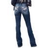 Women’s Stretchy Mid-Rise Jeans – Feather Flower Embroidered Bootcut Wide-Leg Pants