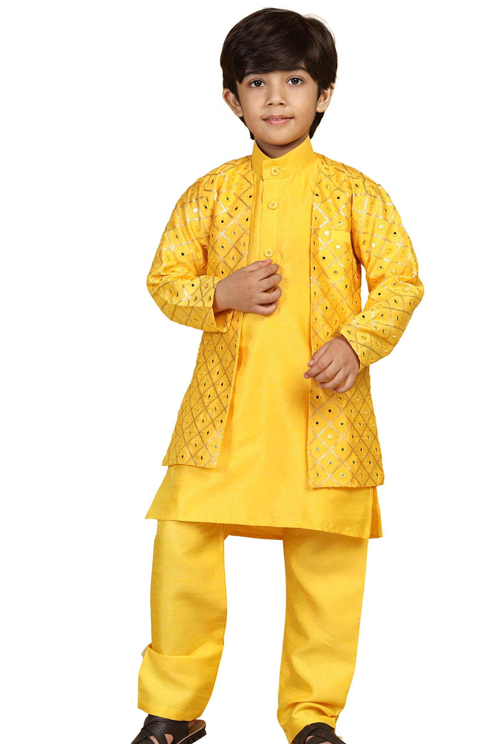 Boys' Embroidered Mukaish Sherwani – Indo-Western Style, Mustard, Kids