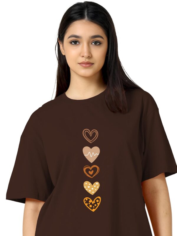 TQH Round Neck Drop Shoulder Brown Graphic Printed Cotton Blend Oversized T-Shirt for Women - Image 3