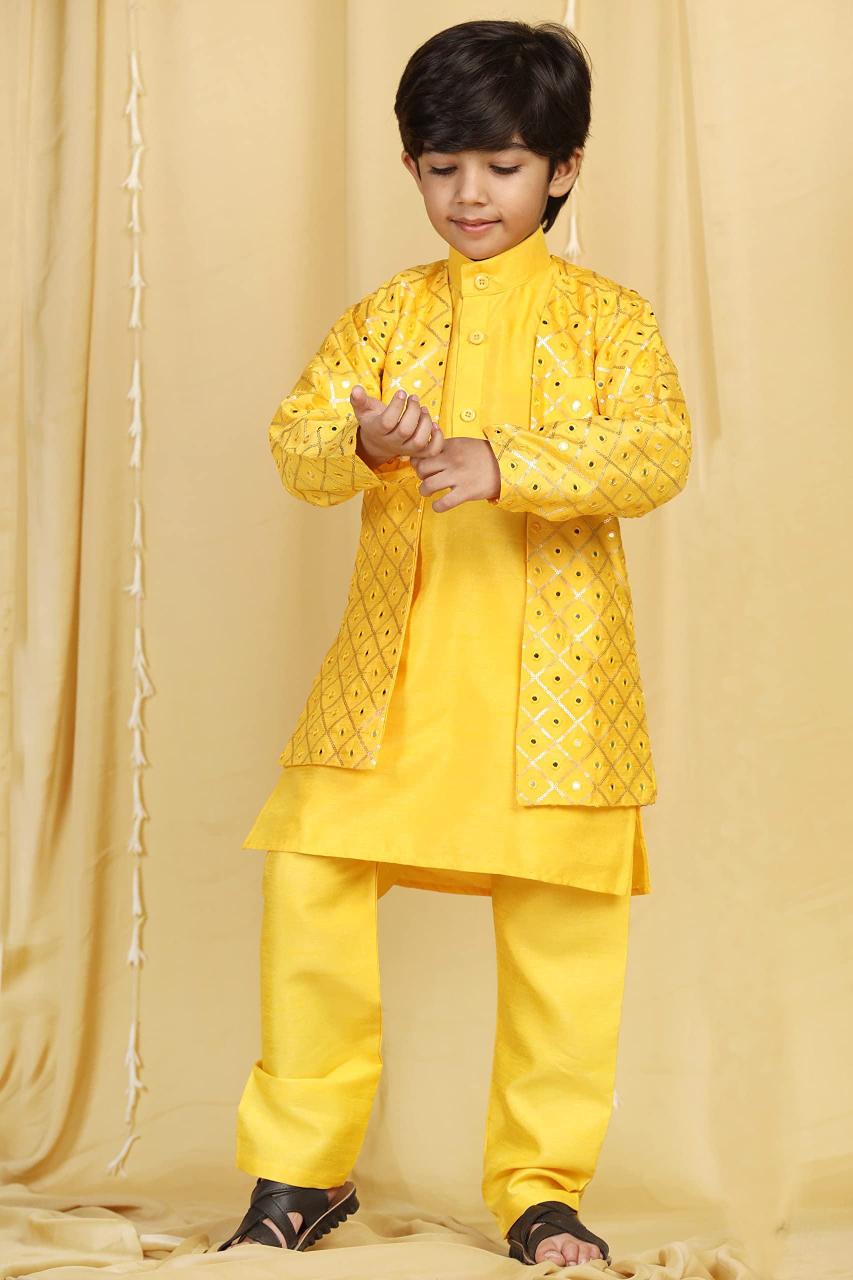 Boys' Embroidered Mukaish Sherwani – Indo-Western Style, Mustard, Kids - Image 4