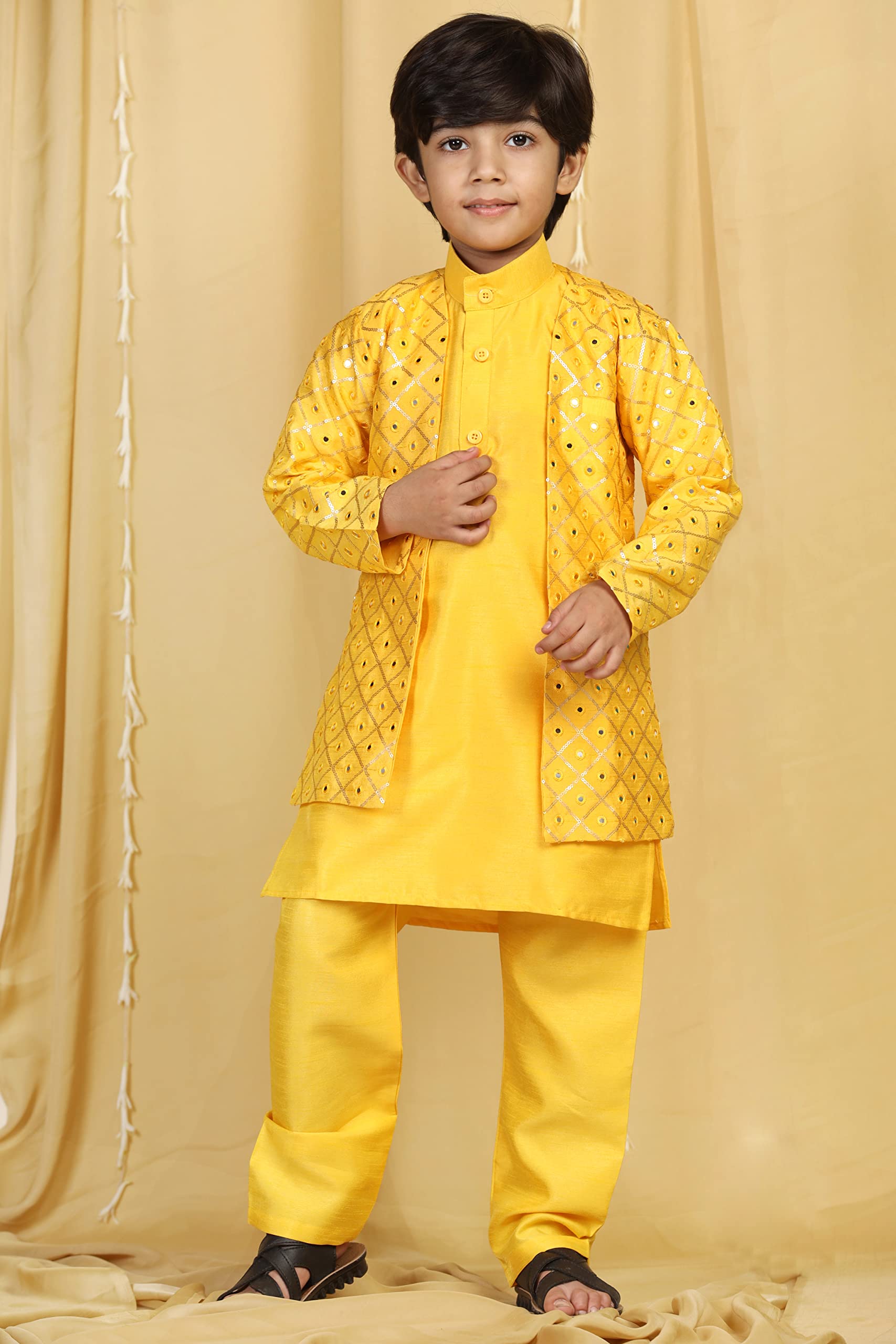 Boys' Embroidered Mukaish Sherwani – Indo-Western Style, Mustard, Kids - Image 3