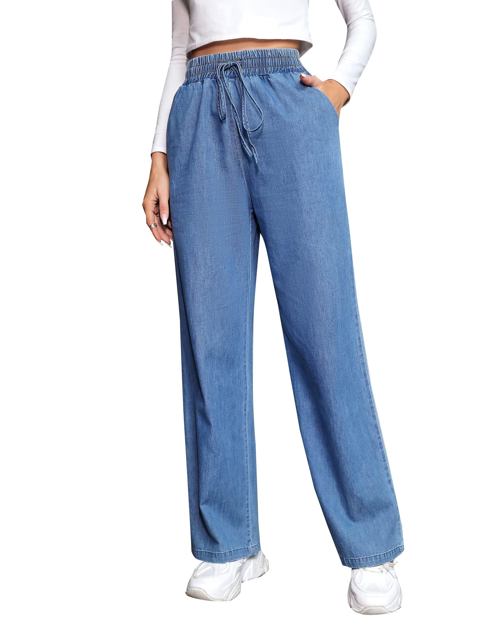 Fashion Women’s Elastic Waist Wide-Leg Denim Pants – Pull-On Baggy Jeans