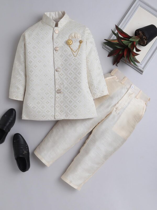 AHHAAAA Boy's Cotton 2 Piece Indo-Western Set/Kids Ethnic Wear Jaquard Sherwani, Indian wear - Ideal for any Festivals and Cultural Occasion|Beige, 7-8 Years| - Image 8