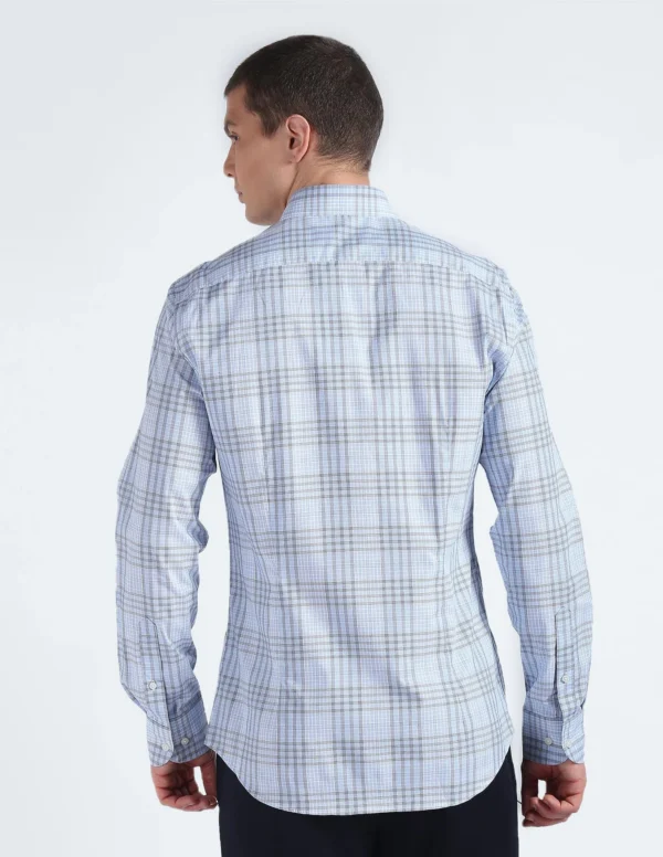 Tommy Hilfiger Blue Cotton Checks Spread Collar Full Sleeve Slim Fit Men Shirt (F23HMWT063) Size-38 - Image 5