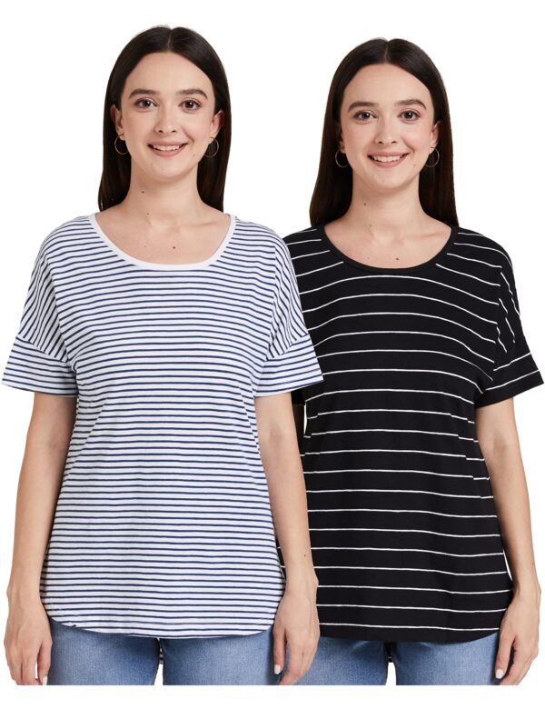 Symbol Women's Striped Loose Fit Half Sleeve Cotton T-Shirt (SYMAW19TS036B_White + Navy_Small) (Combo Pack of 2)