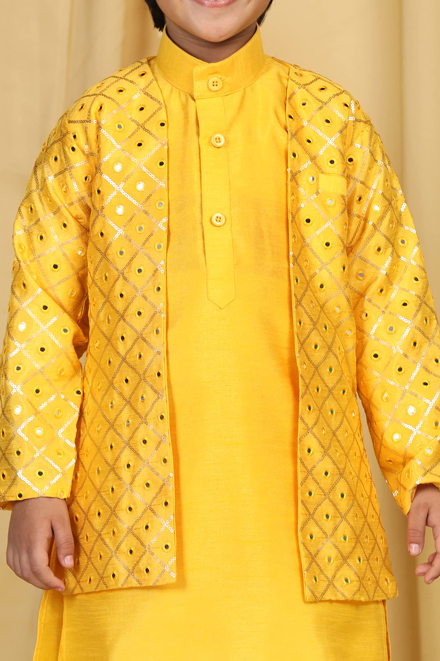 Boys' Embroidered Mukaish Sherwani – Indo-Western Style, Mustard, Kids - Image 2