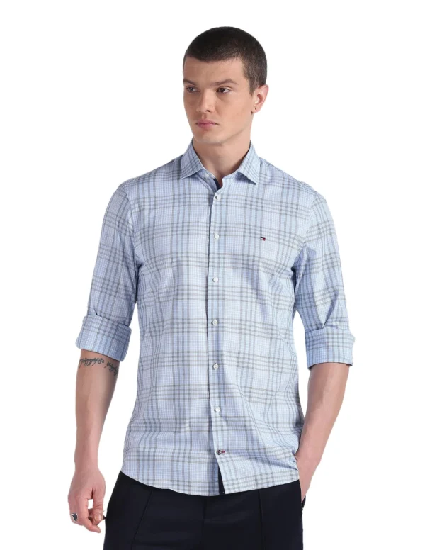 Tommy Hilfiger Blue Cotton Checks Spread Collar Full Sleeve Slim Fit Men Shirt (F23HMWT063) Size-38