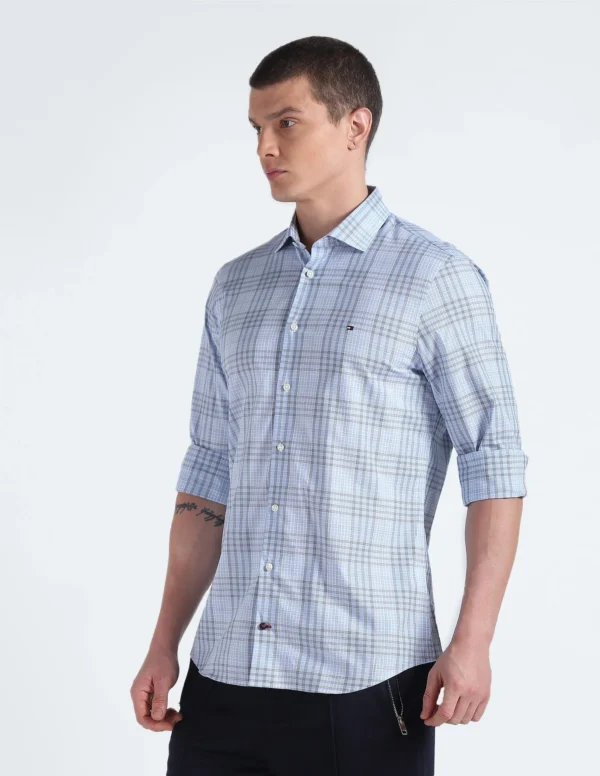 Tommy Hilfiger Blue Cotton Checks Spread Collar Full Sleeve Slim Fit Men Shirt (F23HMWT063) Size-38 - Image 6