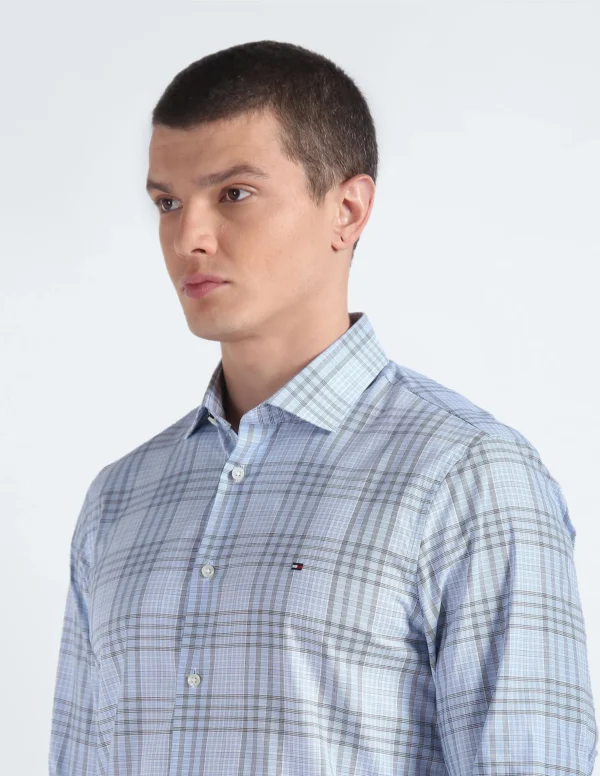 Tommy Hilfiger Blue Cotton Checks Spread Collar Full Sleeve Slim Fit Men Shirt (F23HMWT063) Size-38 - Image 3