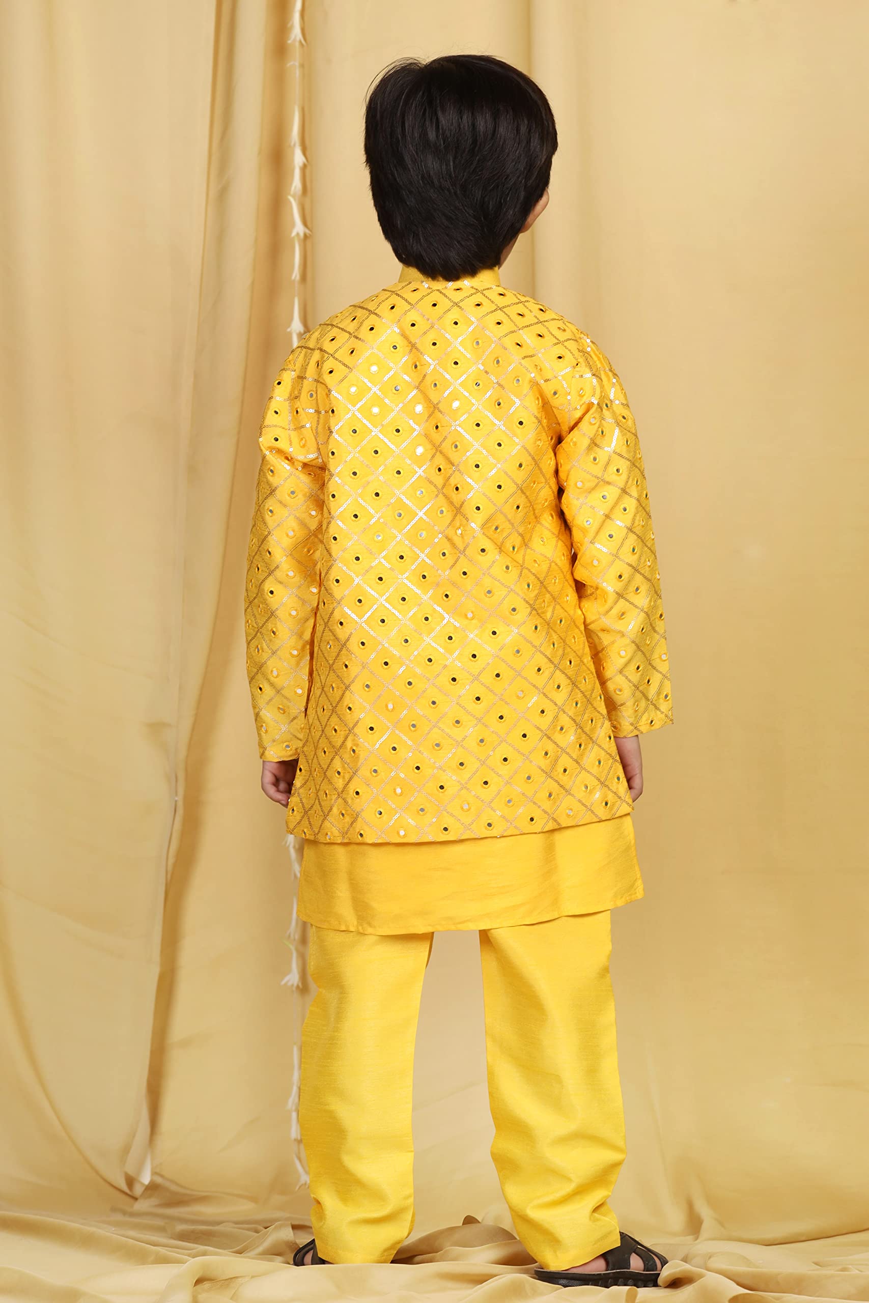 Boys' Embroidered Mukaish Sherwani – Indo-Western Style, Mustard, Kids - Image 7