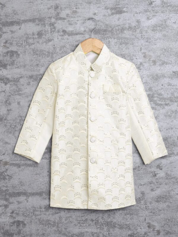 AHHAAAA Kids Ethnic Cotton Silk Blend Sequin Print Indo-Western Sherwani Set for Boys (Cream, 9-10 Yrs) 496MF - Image 5