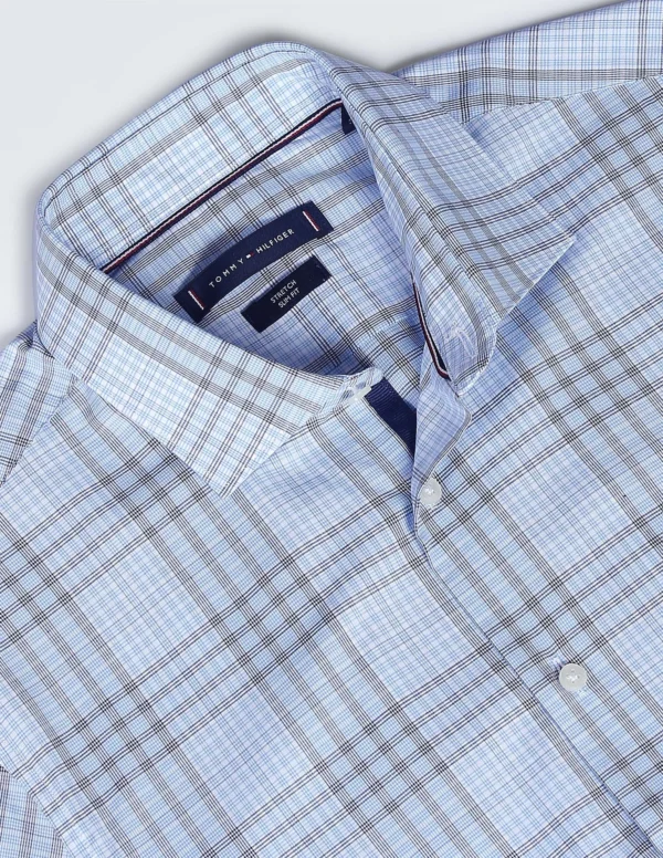 Tommy Hilfiger Blue Cotton Checks Spread Collar Full Sleeve Slim Fit Men Shirt (F23HMWT063) Size-38 - Image 2