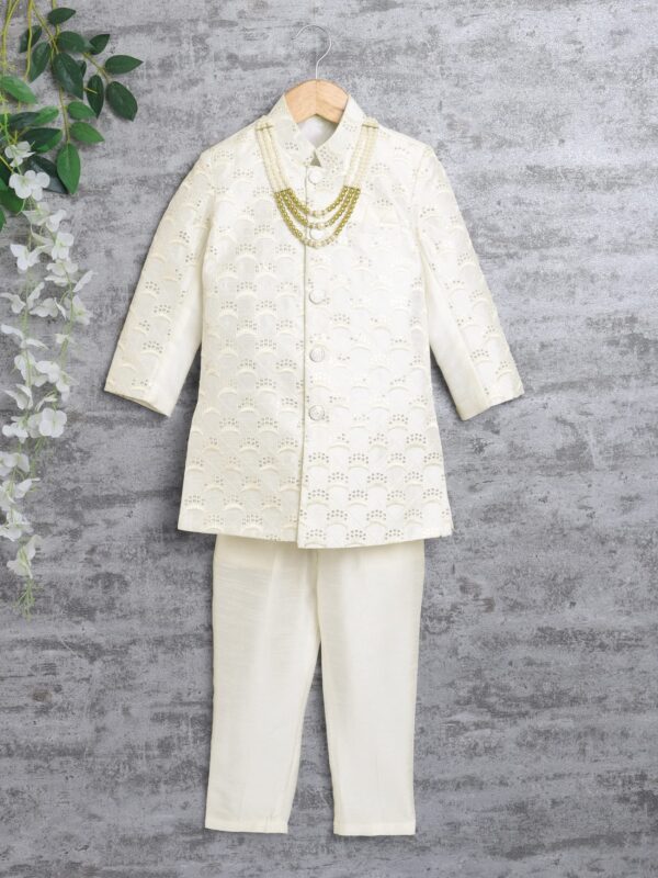 AHHAAAA Kids Ethnic Cotton Silk Blend Sequin Print Indo-Western Sherwani Set for Boys (Cream, 9-10 Yrs) 496MF - Image 7