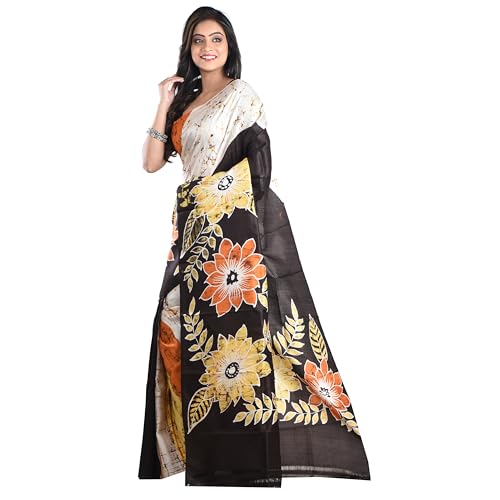 3stones Women's Pure Silk Saree | Handwoven, Hand Batik Pure Saree with Unstiched Blouse Material Piece | Suitable for All Indian Weddings & Festivals| Traditional Pattern | Black and Cream - Image 9