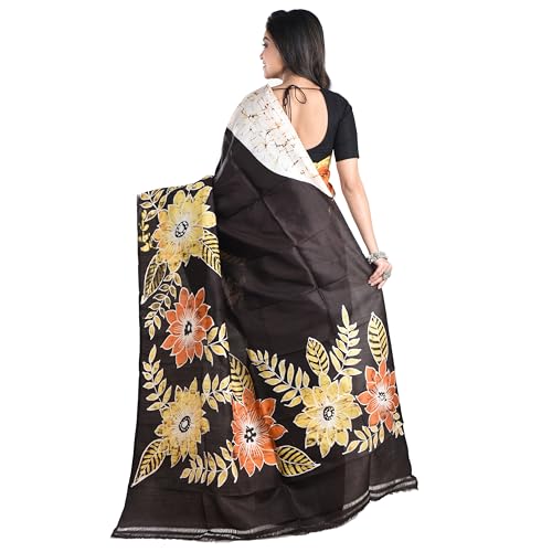 3stones Women's Pure Silk Saree | Handwoven, Hand Batik Pure Saree with Unstiched Blouse Material Piece | Suitable for All Indian Weddings & Festivals| Traditional Pattern | Black and Cream - Image 8