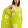 Women's Light Green Lilan Cotton Saree with White Daisy Floral Print & Tassel Pallu Soft Lightweight Saree With Blouse Piece