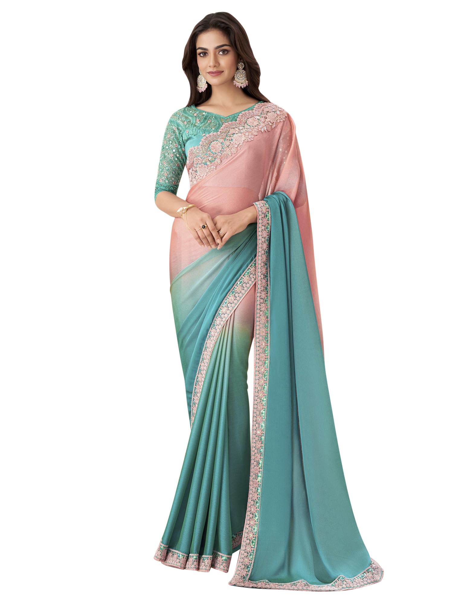 AKHILAM Women's Peach Pure Chiffon Embellished Saree With Unstitched Blouse (SNDLWOD1311_TFH)