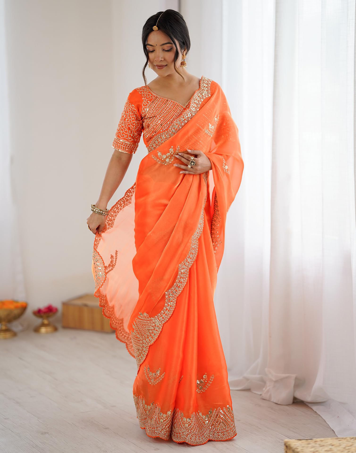 SIRIL Women's Tissue Soft Silk Embroidered Saree With Unstitched Blouse (4218S6640_Orange) - Image 5