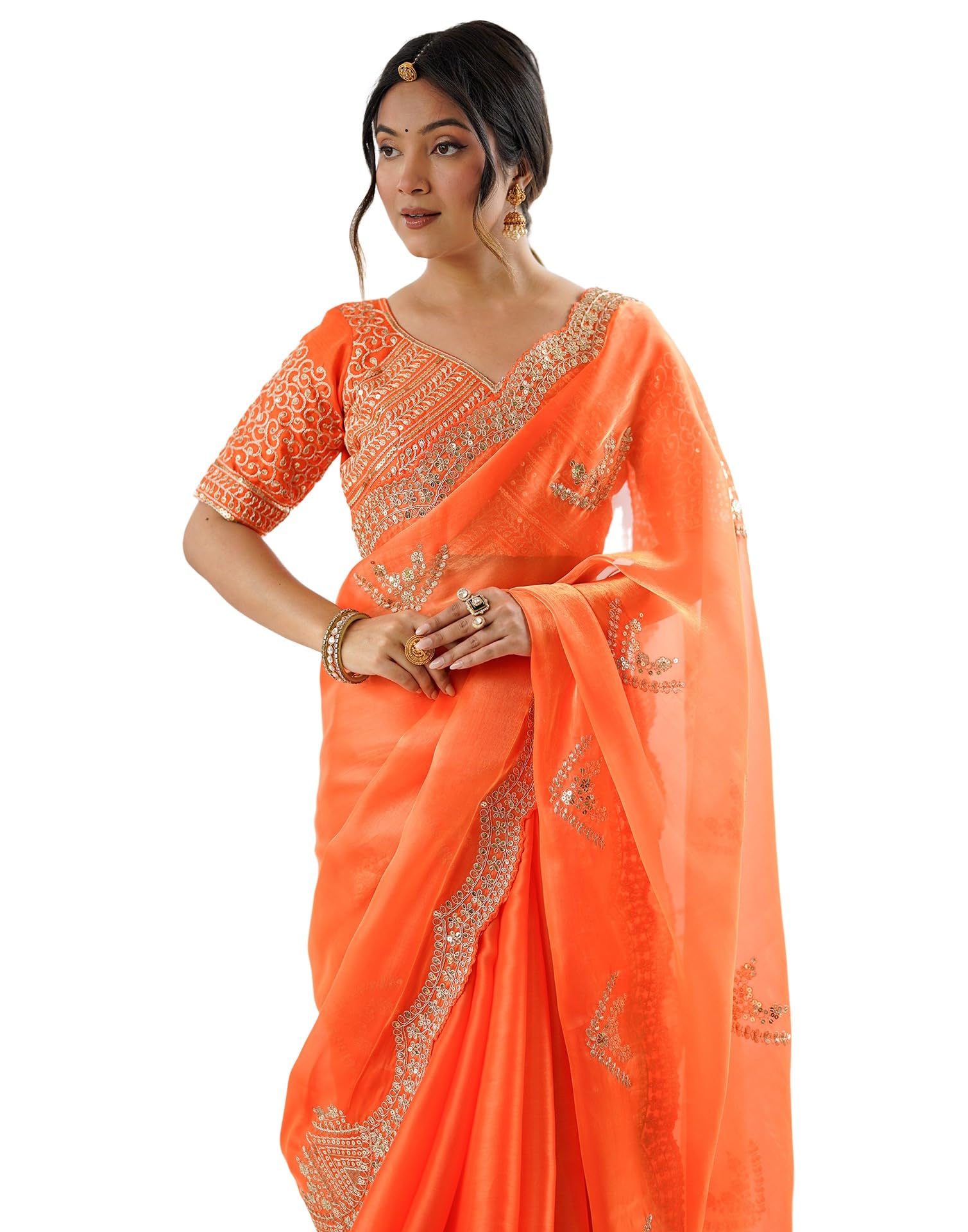 SIRIL Women's Tissue Soft Silk Embroidered Saree With Unstitched Blouse (4218S6640_Orange)