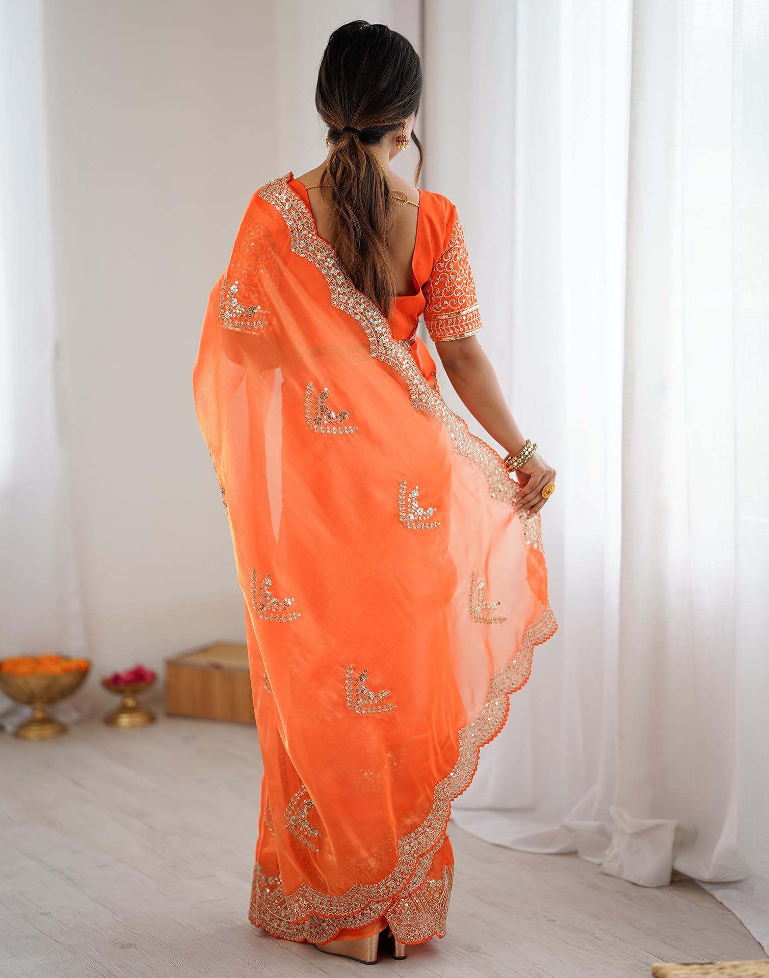 SIRIL Women's Tissue Soft Silk Embroidered Saree With Unstitched Blouse (4218S6640_Orange) - Image 4
