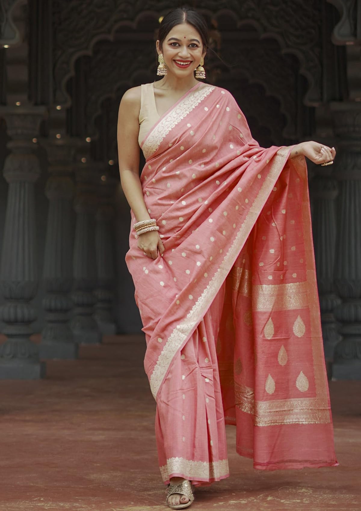 Sugathari Women's Peach Banarasi Kanchipuram Art Silk Saree for Women – Traditional Wedding & Party Saree with Blouse Piece – Ethnic Indian Silk Saree for Bridal, Festive & Gifting (UM-260-Peach) - Image 3